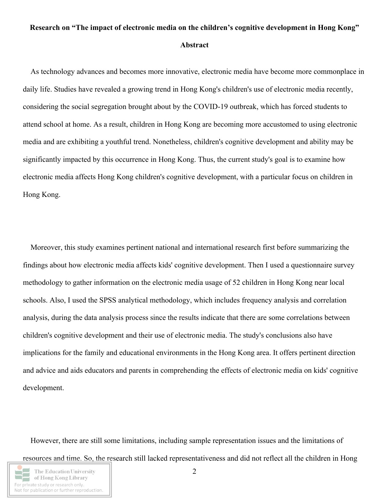 Research on “The impact of electronic media on the children’s cognitive ...